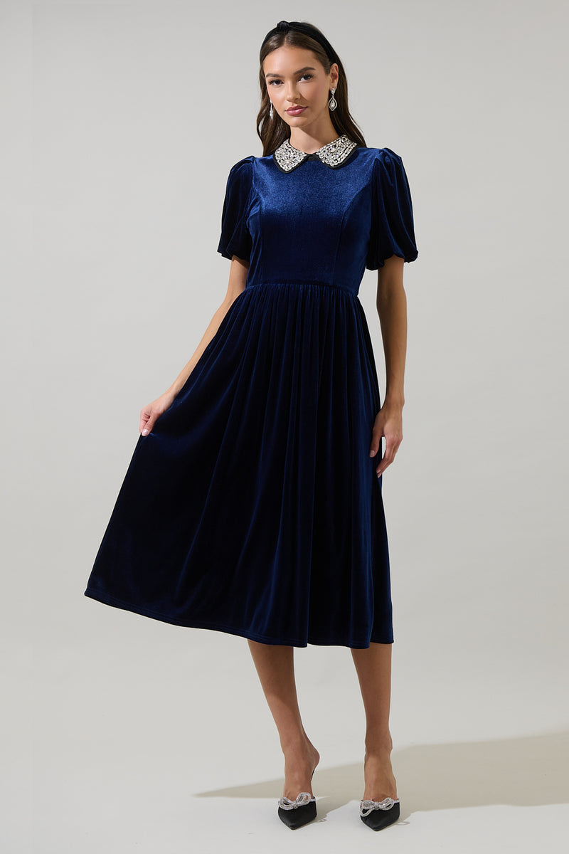 velvet midi dress Francie Rhinestone NAVY / S The subtle sheen of The 20 Best Colors SIZE:34 YGroup_704482