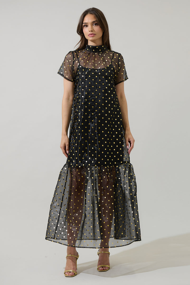 sheer polka dot black dress Ferris Dime Organza Mockneck Maxi BLK-GOLD / XS festivalreshoot2024 Black Womens Pants Dressy size:XXXL Adjustable shoulder straps