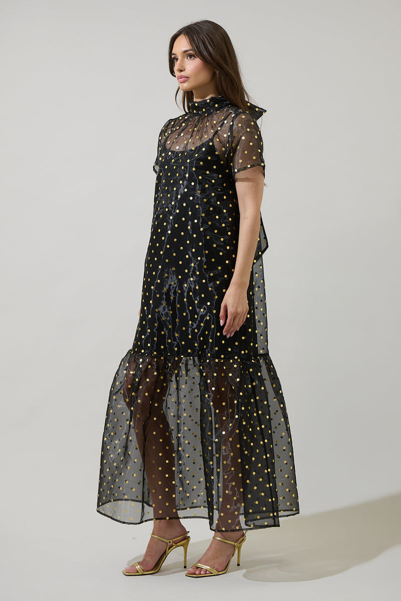 Ferris Polka Dot Dime Organza Mockneck Maxi Dress BLK-GOLD / XS