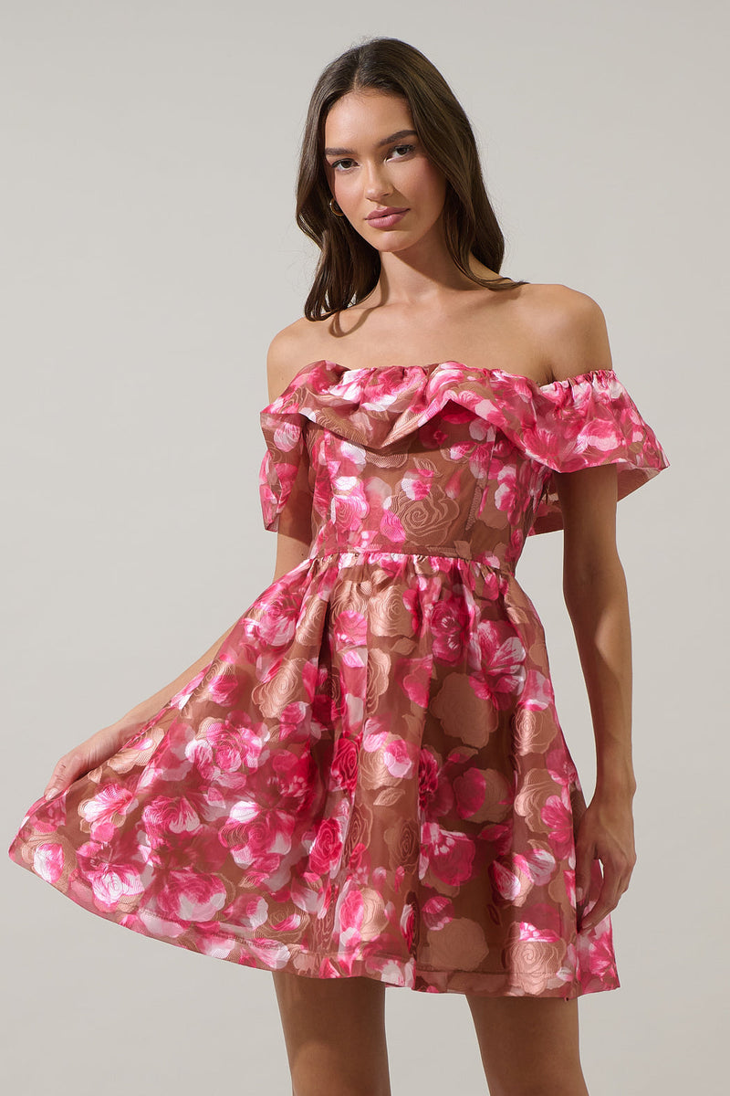 oopscool off-the-shoulder printed dress Mersin Floral Off the Shoulder Mini Dress BROWN-MULTI / S by Sugarlips