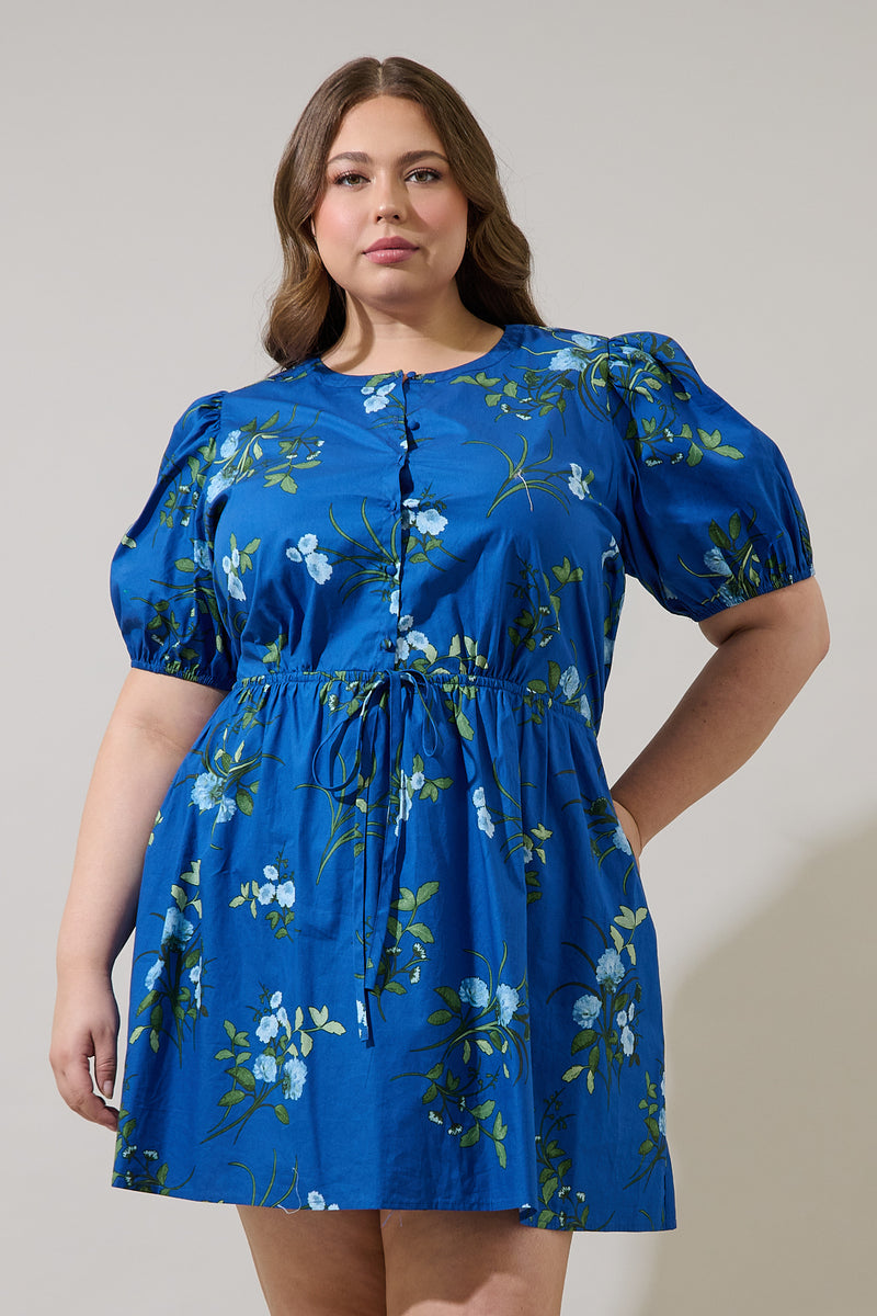 Sendra Floral Alba Puff Sleeve Mini Dress Curve NAVY-BLUE-GRN / 1X