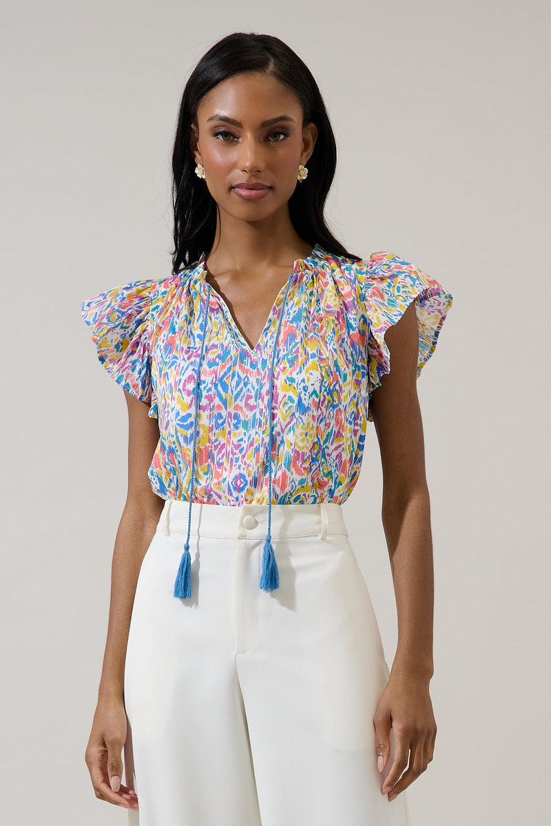 Malva Abstract Deniza Split Neck Ruffle Top – Sugarlips