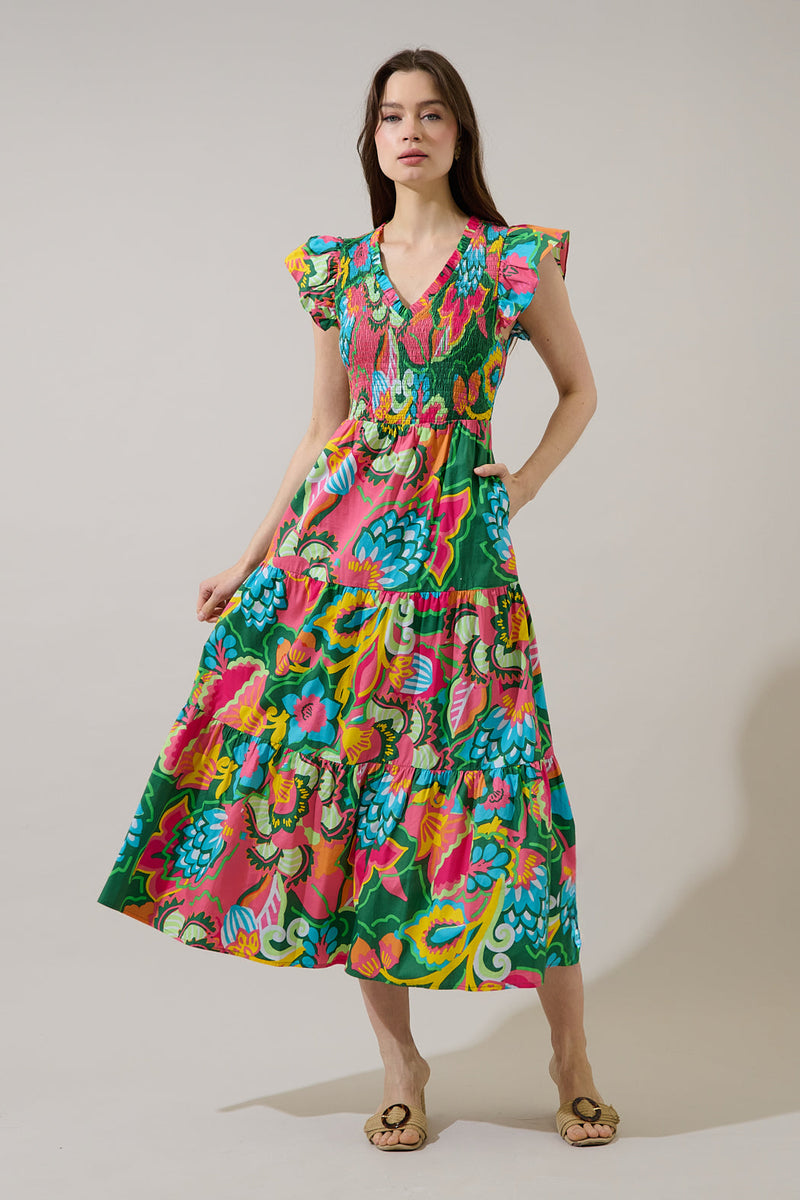 d.i.aトップス Lanai Multi Tropics Sunfire Smocked Bodice Tiered Midi Dress
