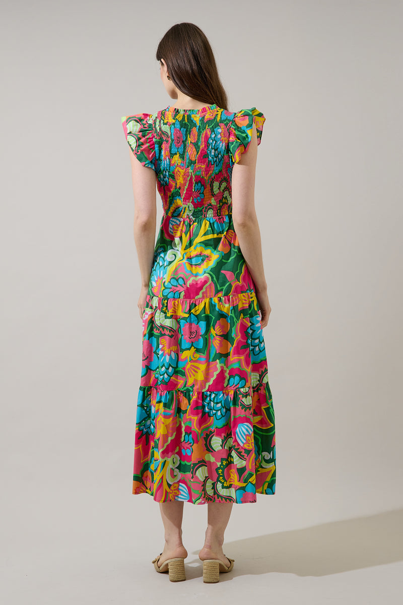 Lanai Multi Tropics Sunfire Smocked Bodice Tiered Midi Dress
