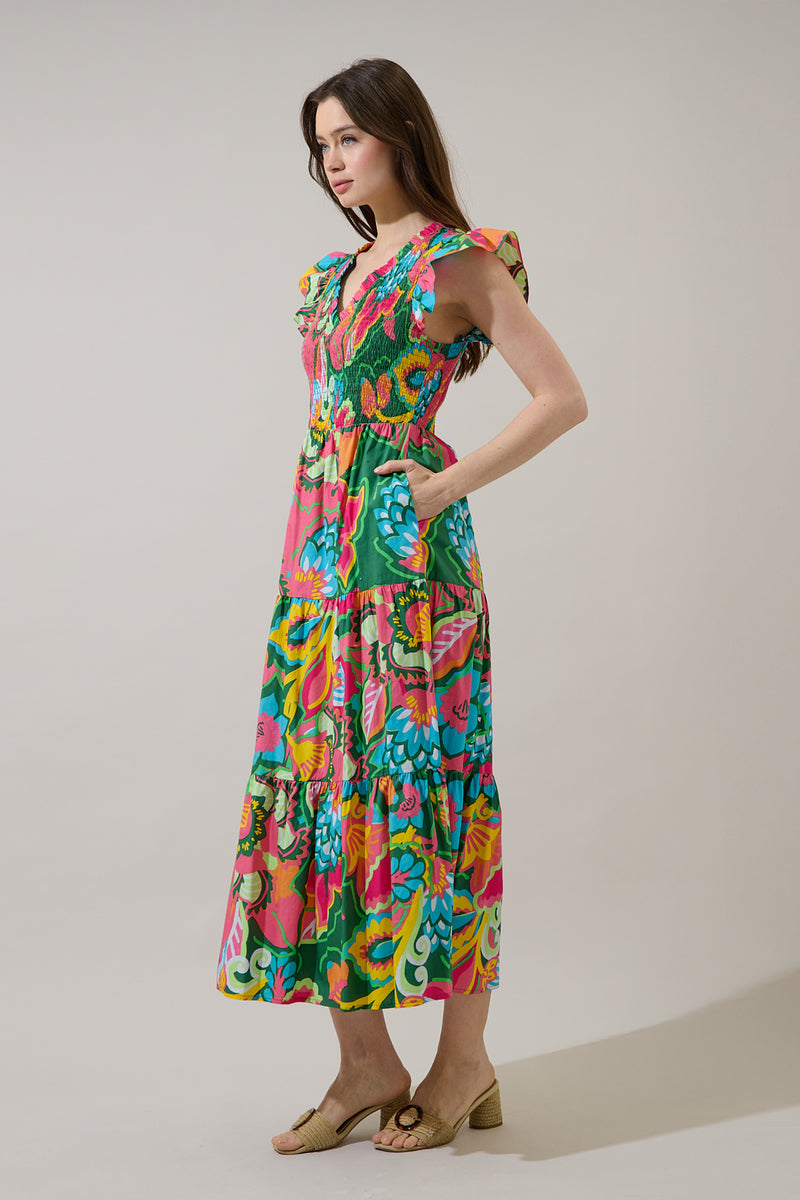 Lanai Multi Tropics Sunfire Smocked Bodice Tiered Midi Dress