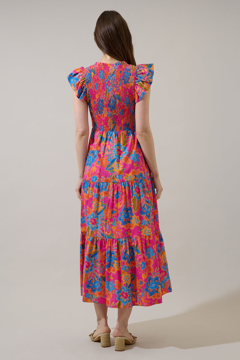 Ranchero Floral Sunfire Smocked Bodice Tiered Midi Dress – Sugarlips