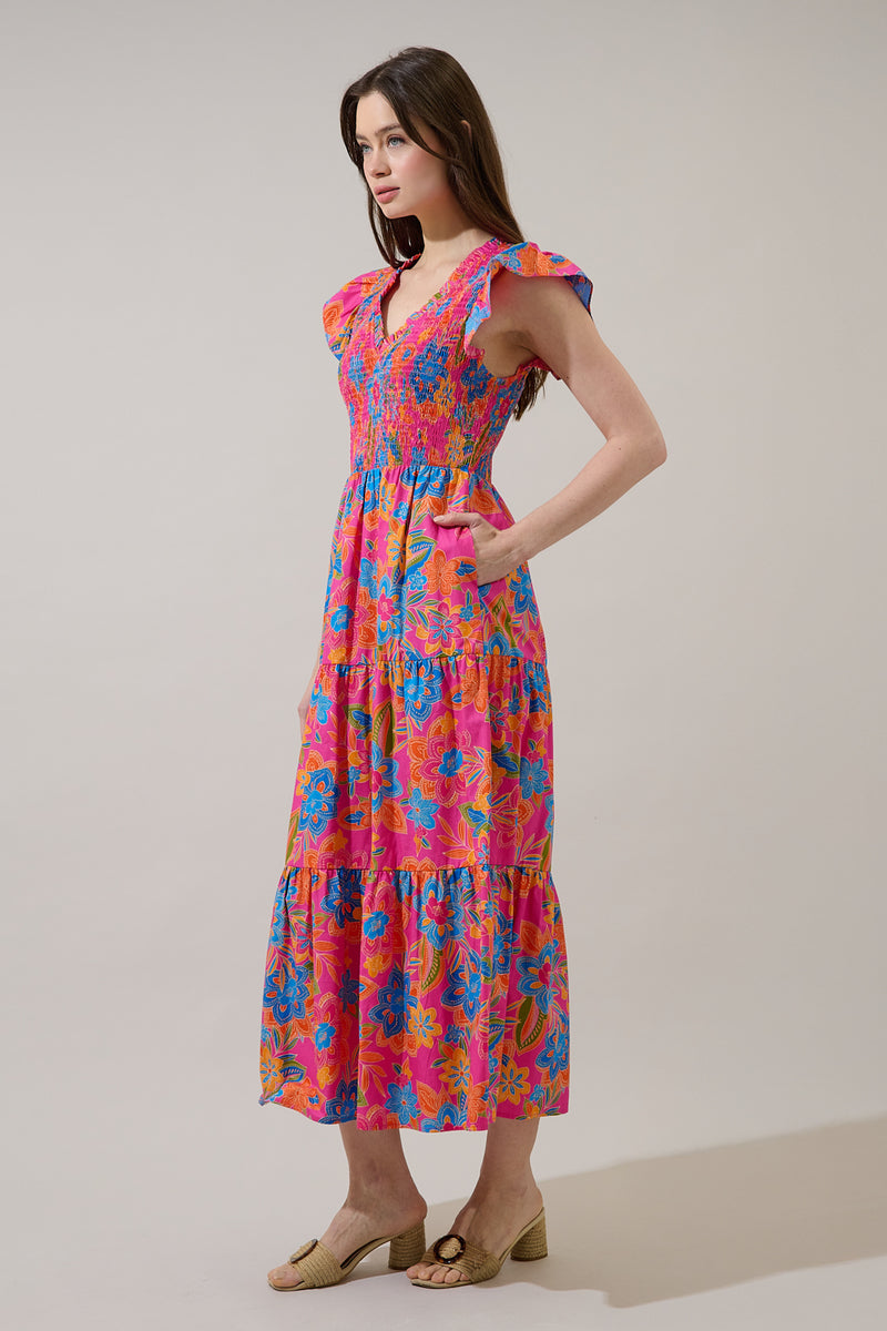 Ranchero Floral Sunfire Smocked Bodice Tiered Midi Dress – Sugarlips