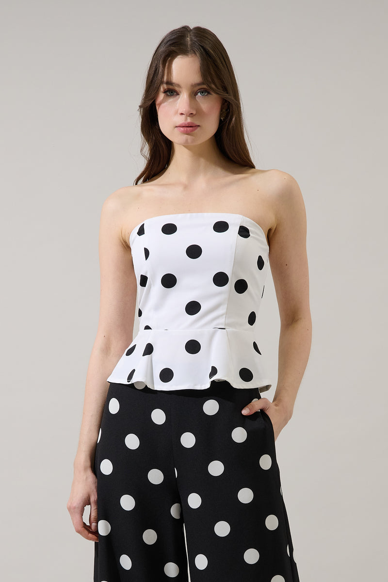 Randal Polka Dot Peplum Strapless Top – Sugarlips