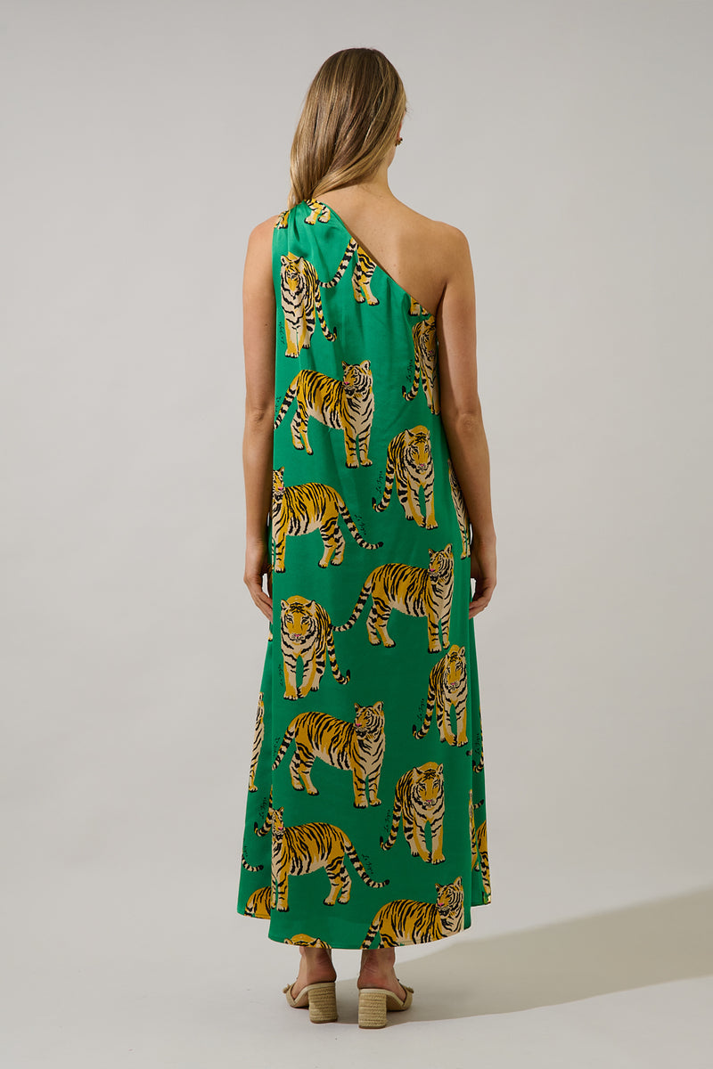 green dress with tigers Green Tiger Print Maxi Dress for Women, Bold Boho Cotton Dress, Oversized Statement Midi Dress, Jungle Safari Vacation Outfit