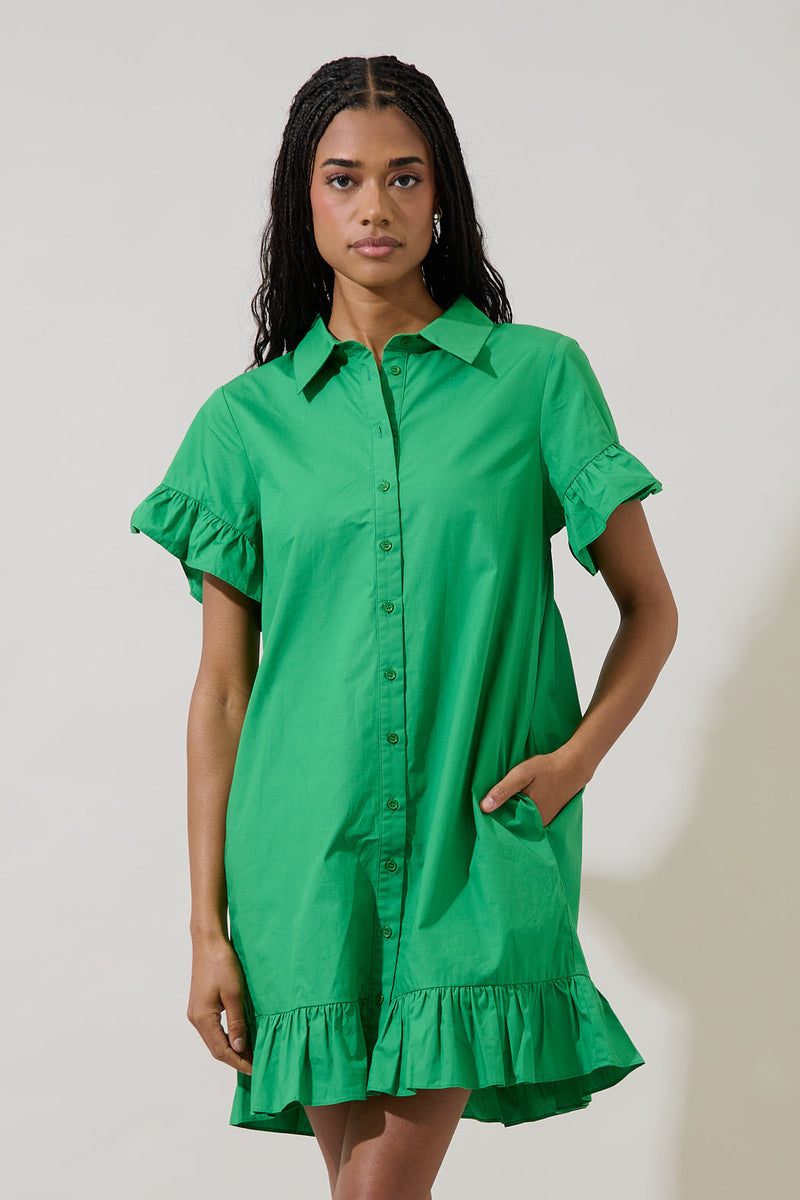 Kacey Ruffled Shirt Mini Dress KELLY-GREEN / L