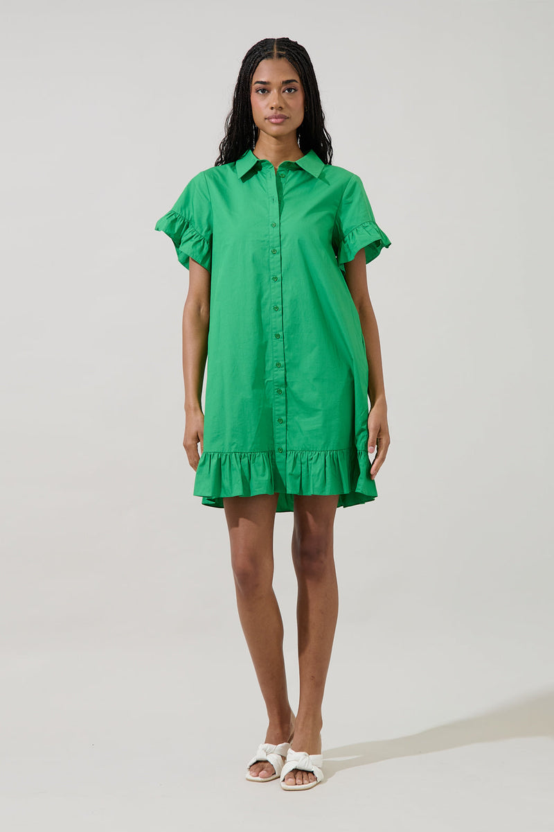 shirt dress with ruffle bottom Kacey Ruffled Mini KELLY-GREEN / L ISNewYear Model is 510 and Options:Dress and Necklace New Godltoe Men 3