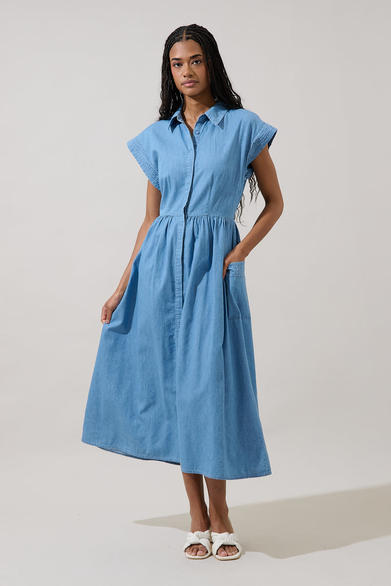 Grenola Button Up Collared Midi Dress Denim LT-DENIM / M