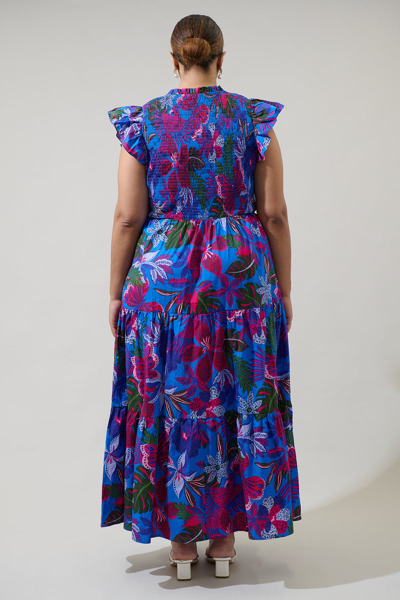 Mela Tropics Sunfire Smocked Bodice Tiered Midi Dress Curve