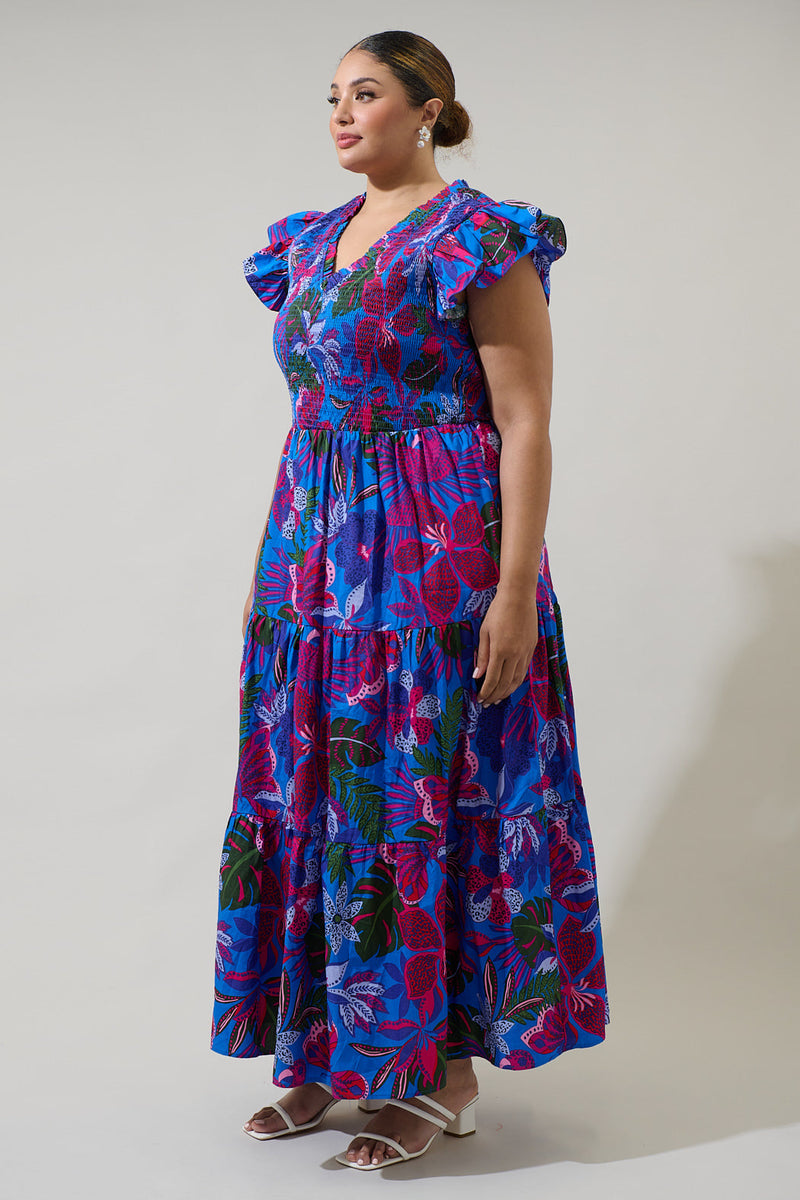 Mela Tropics Sunfire Smocked Bodice Tiered Midi Dress Curve
