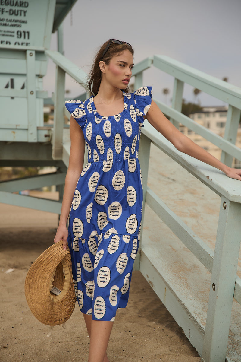 SUGARLIPS Women's Sardine Sea Glare Smocked Midi Dress - Blue