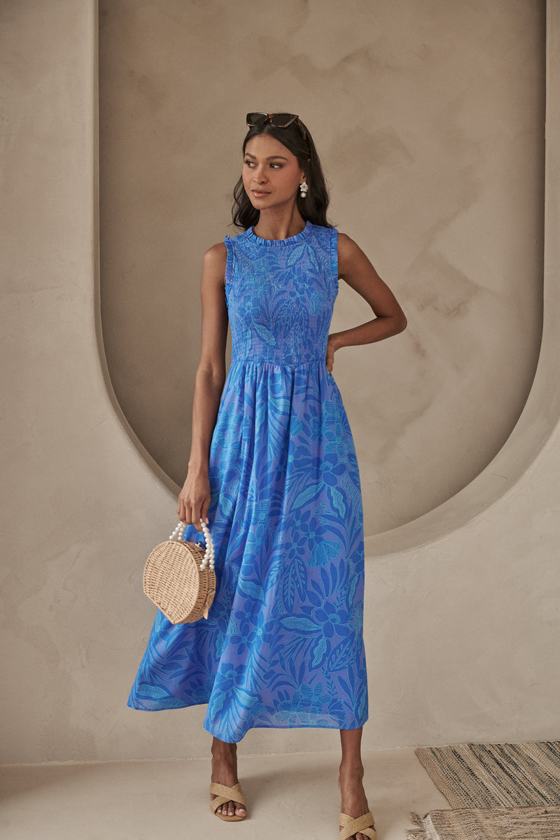 midi dress sleeveless Navy Elastic Waist Sleeveless Midi Dress