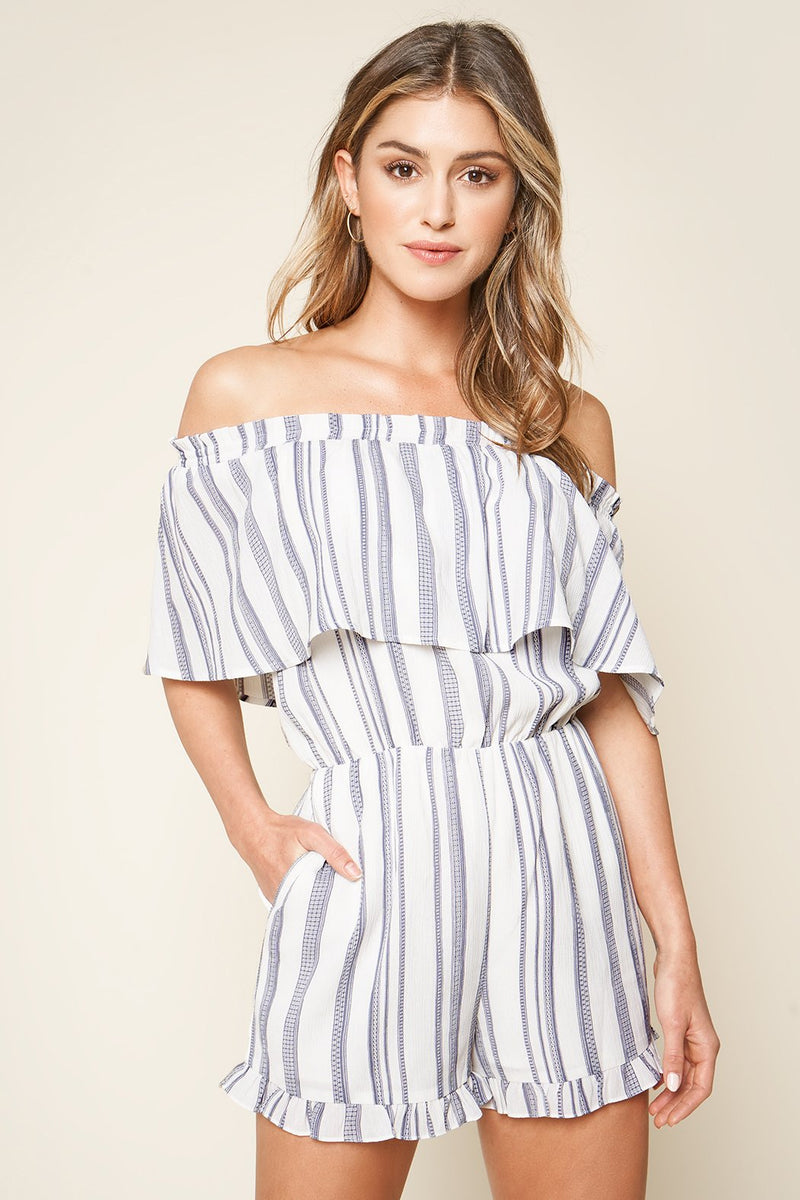 See You Later Striped Off The Shoulder Romper Sugarlips