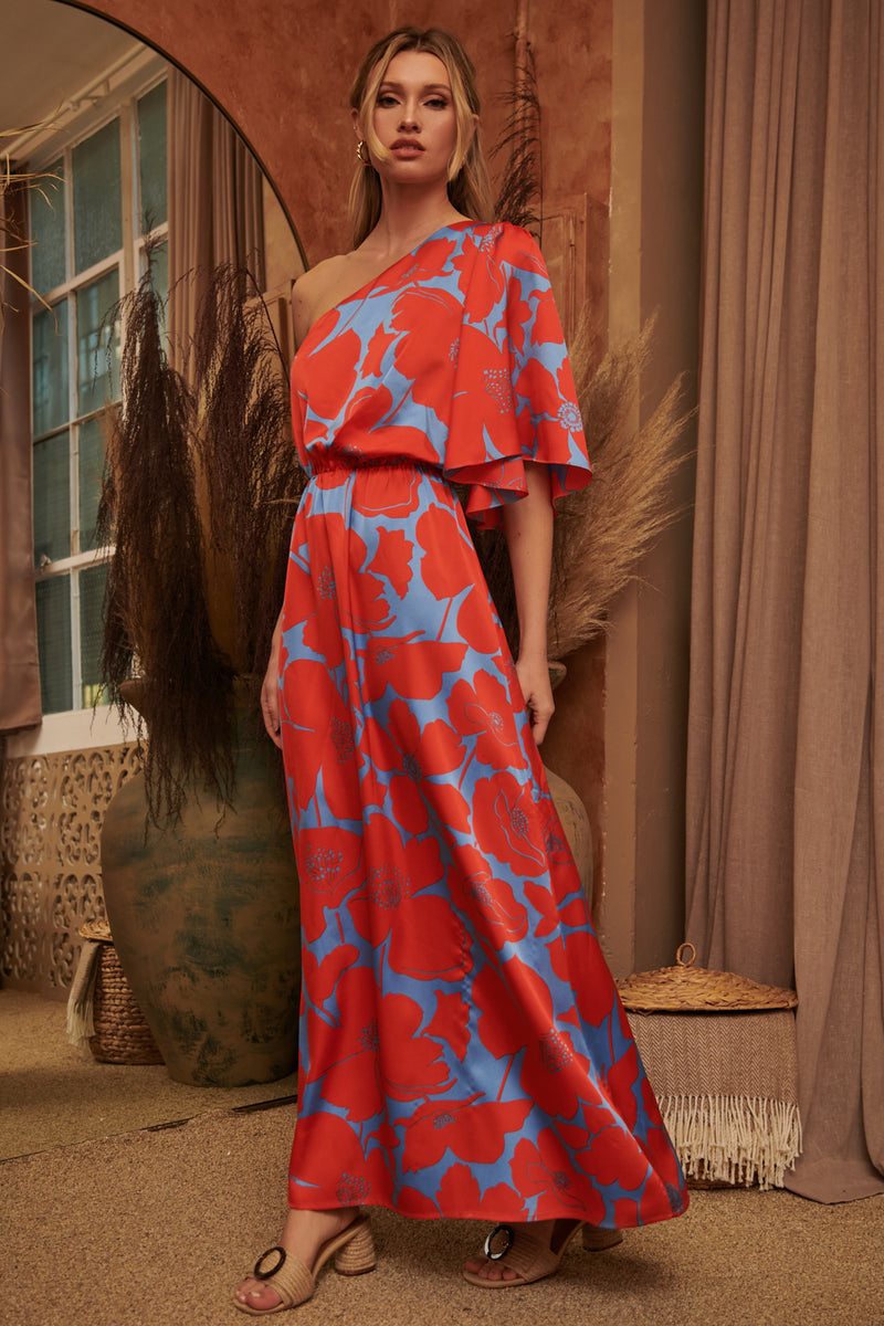 Poppy Floral Meara One Shoulder Satin Maxi Dress BLUE-RED / XL by Sugarlips Poppy Floral Meara One Shoulder Satin Maxi Dress BLUE-RED / XL by Sugarlips