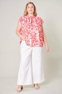 Kennedy Coral Floral Sun Up Mock Neck Blouse Curve