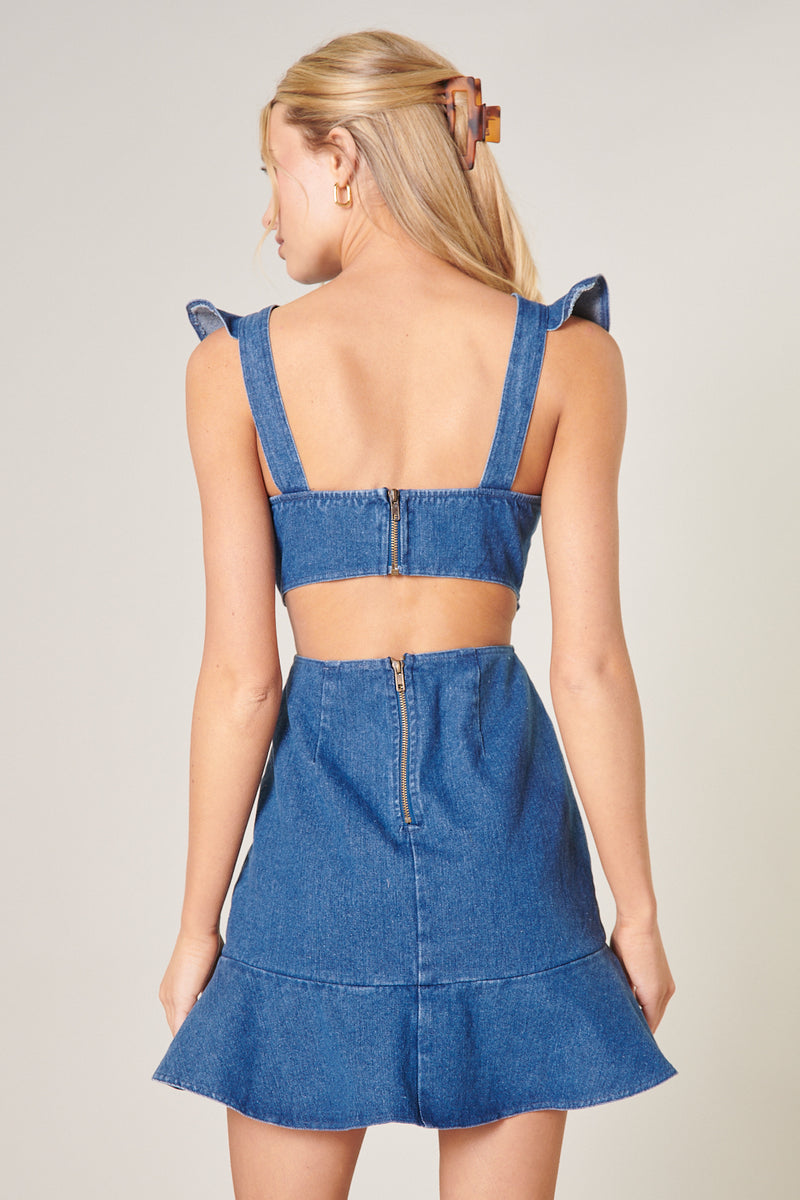 Lucki Denim Back Cut Out Ruffle Dress – Sugarlips