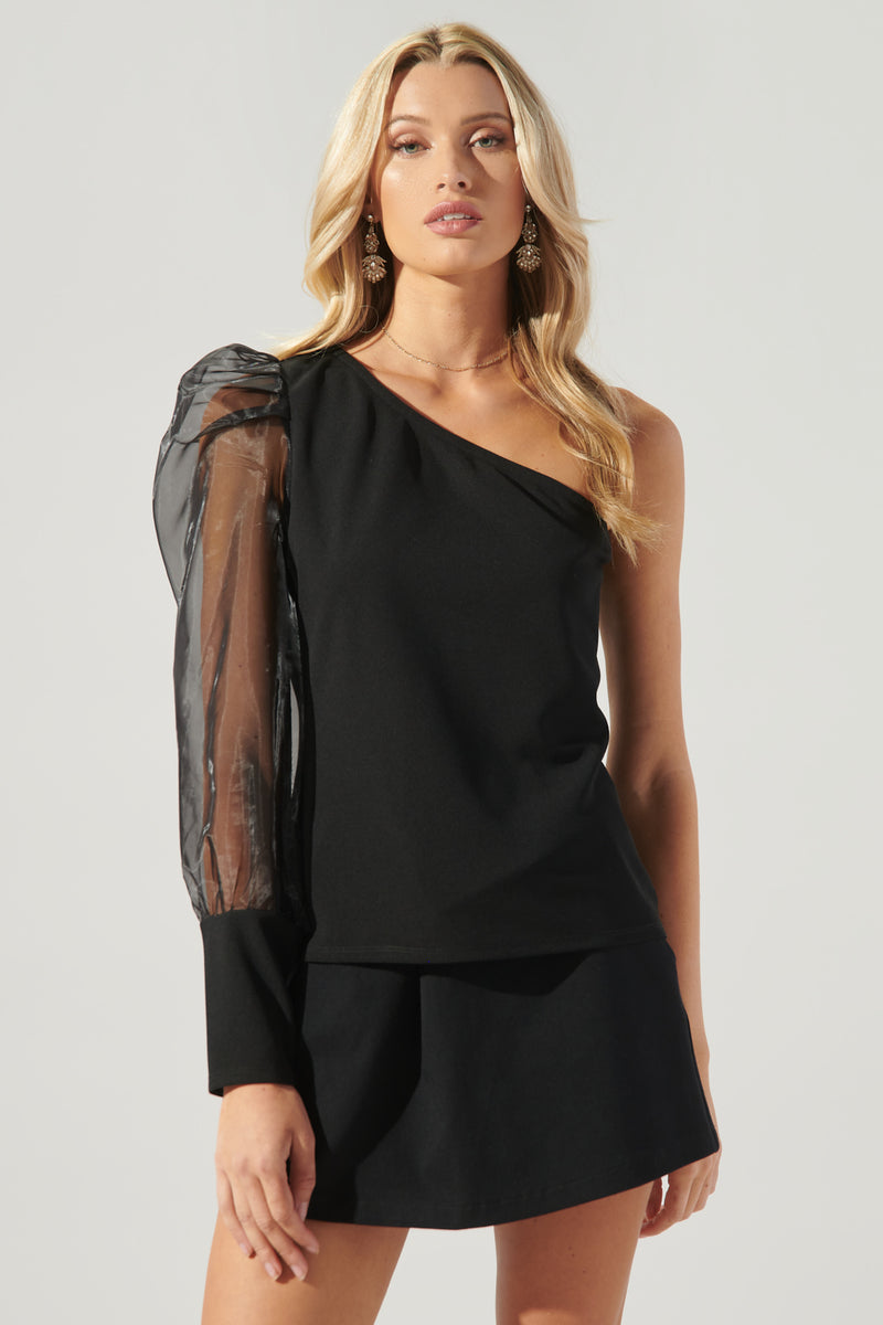 トップス SHEER CARDBOARD PUFF SHOULDER TOP Azrael Organza One Shoulder Puff Sleeve Top – Sugarlips
