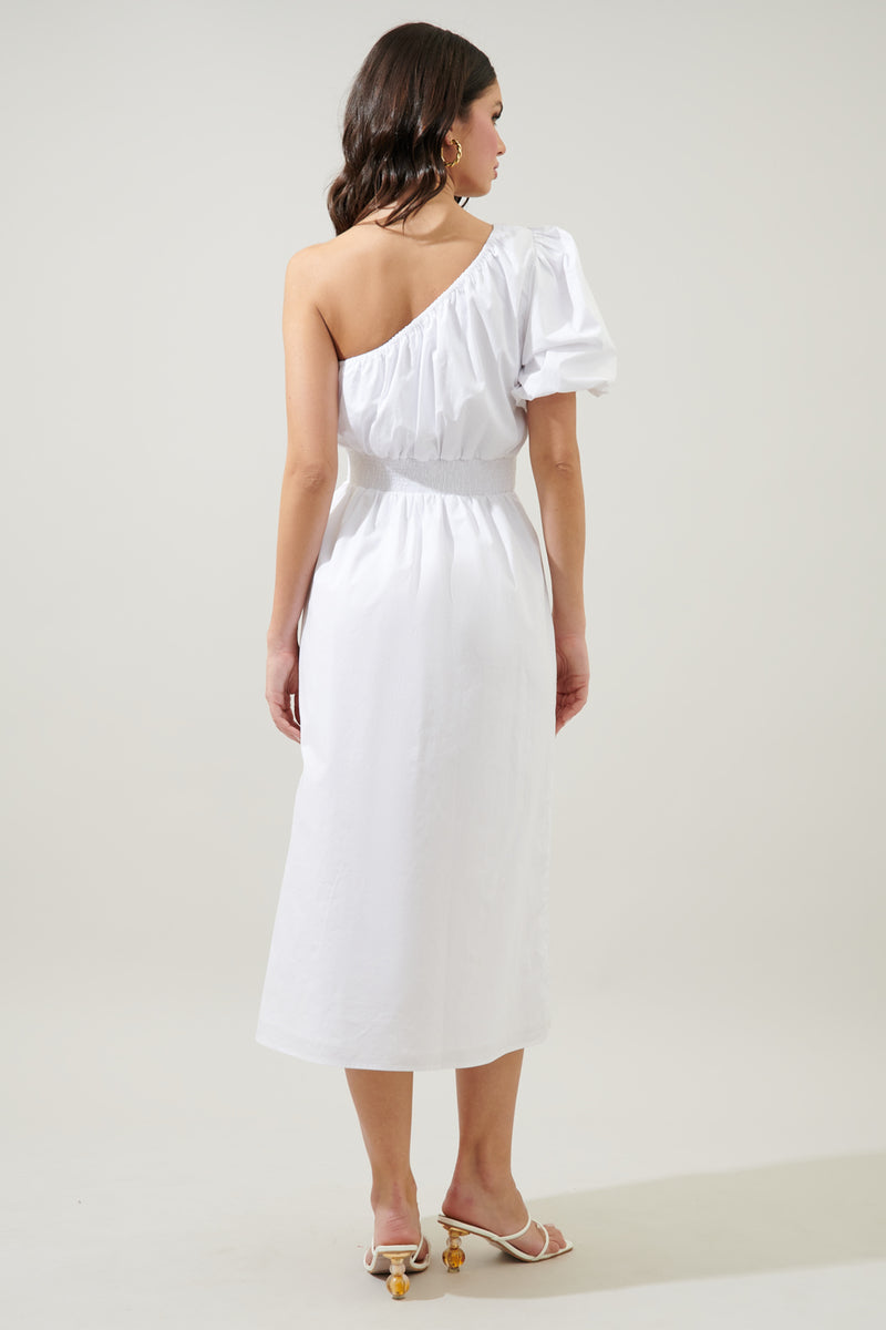 white christmas dresses Bridgette One Shoulder Balloon Sleeve Poplin Midi Dress – Sugarlips