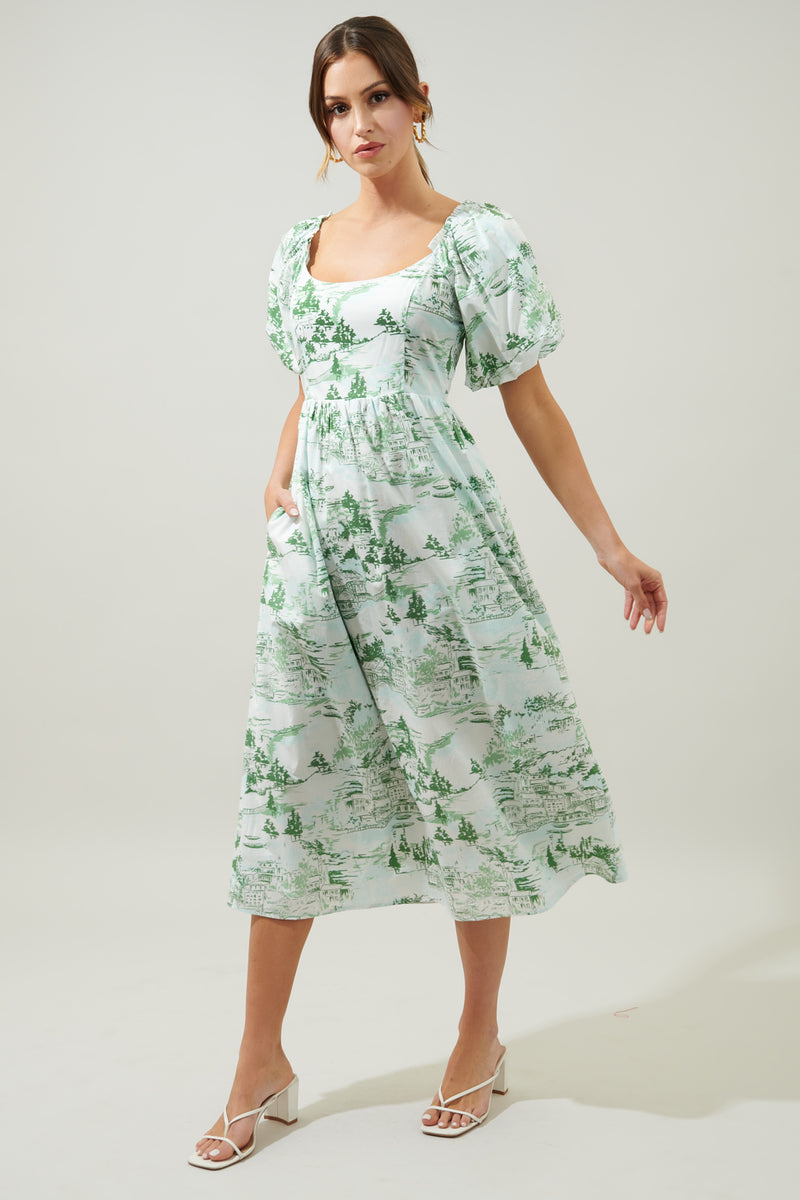 puff sleeve midi dress Francine Toile Lullaby GREEN-BLUE-WHITE / S SlowMover-2026-Week19 Zara Black And White Tumble Dry Low Primary color:Olive Drab