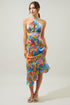 New Guinea Asymmetrical Ruched Midi Halter Dress
