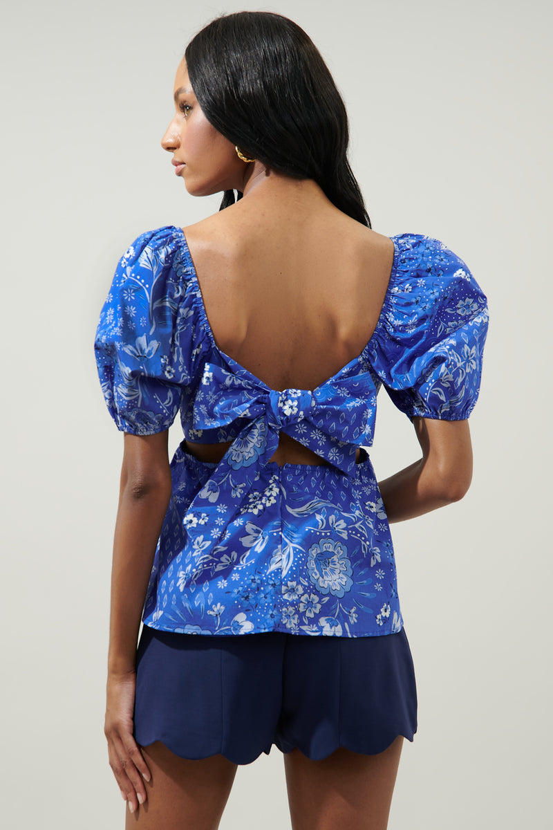 トップス YILON yilon TIE PEPLUM LACE BLOUSE BLUE Amaya Mixed Print Cirus Back Tie Peplum Top – Sugarlips