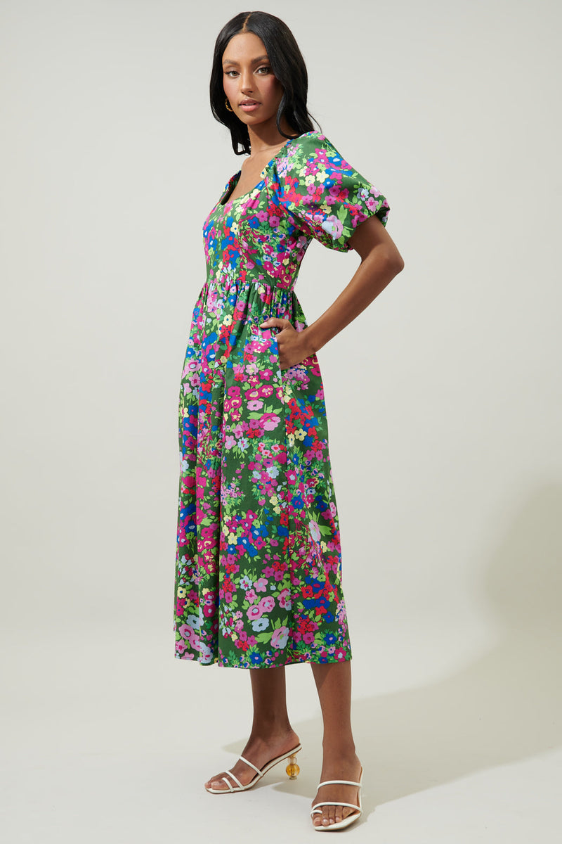 Floral Layered Surplice Balloon Sleeve Dress