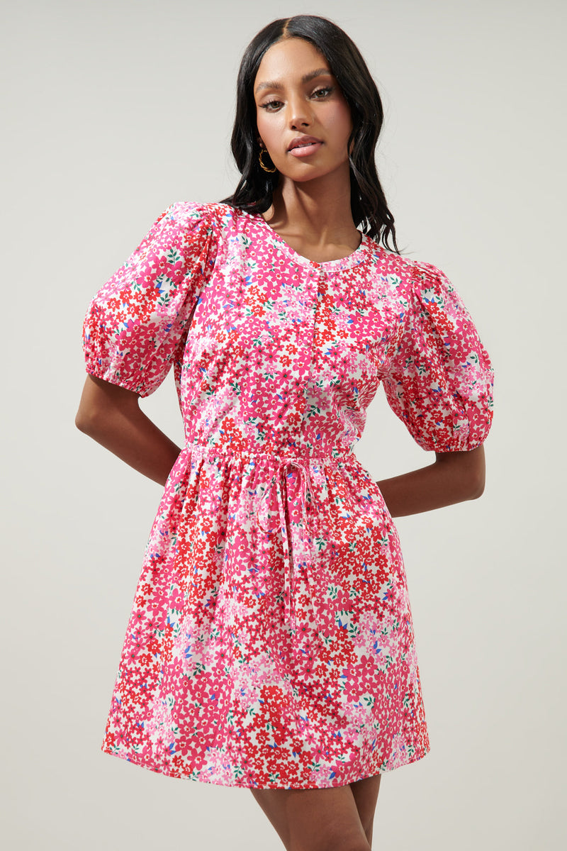 pink floral puff sleeve mini dress Caicos Floral Alba Puff Sleeve Mini Dress RED-PINK / XL by Sugarlips