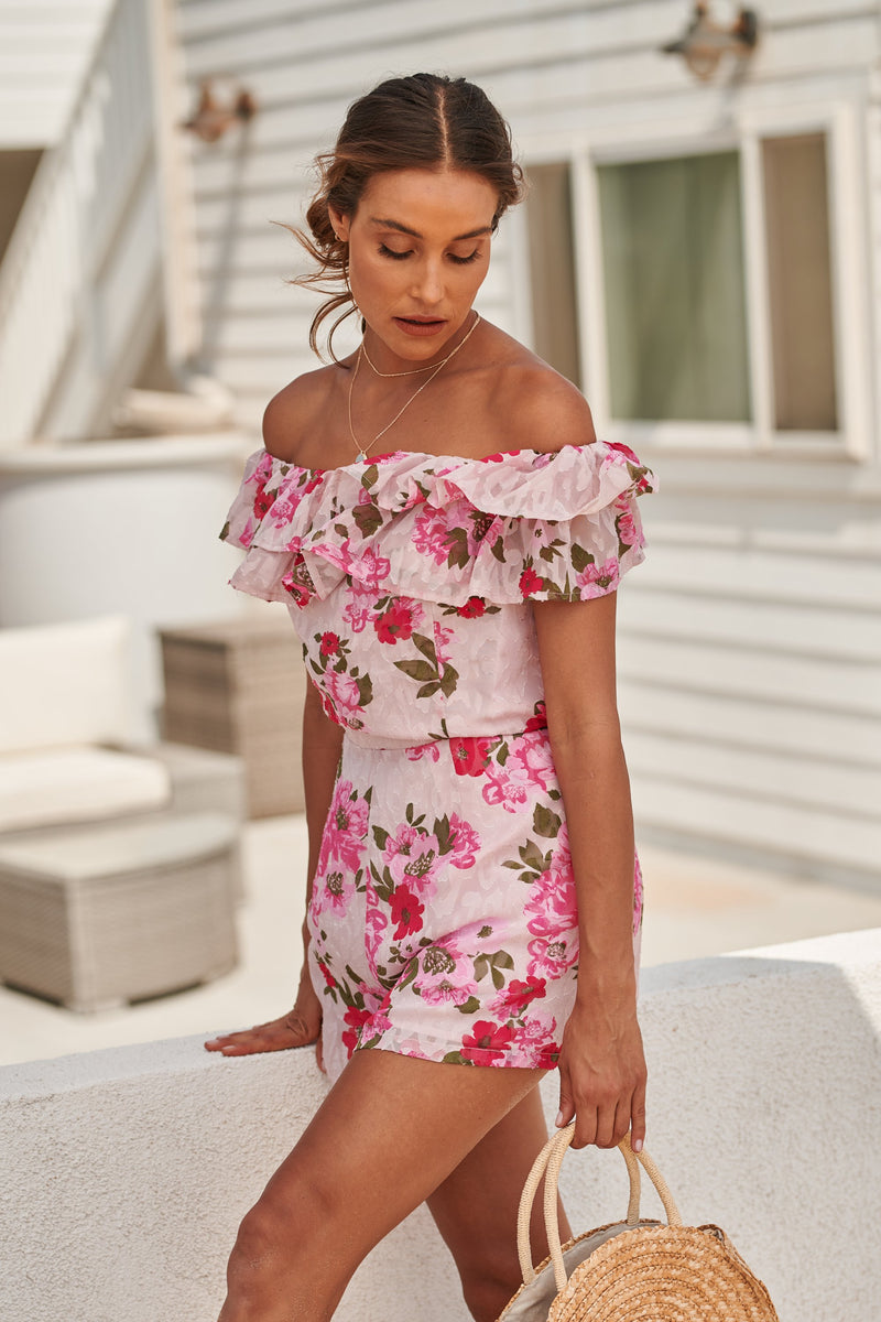 Floral buy Shoulder Ruffle Jumpsuit