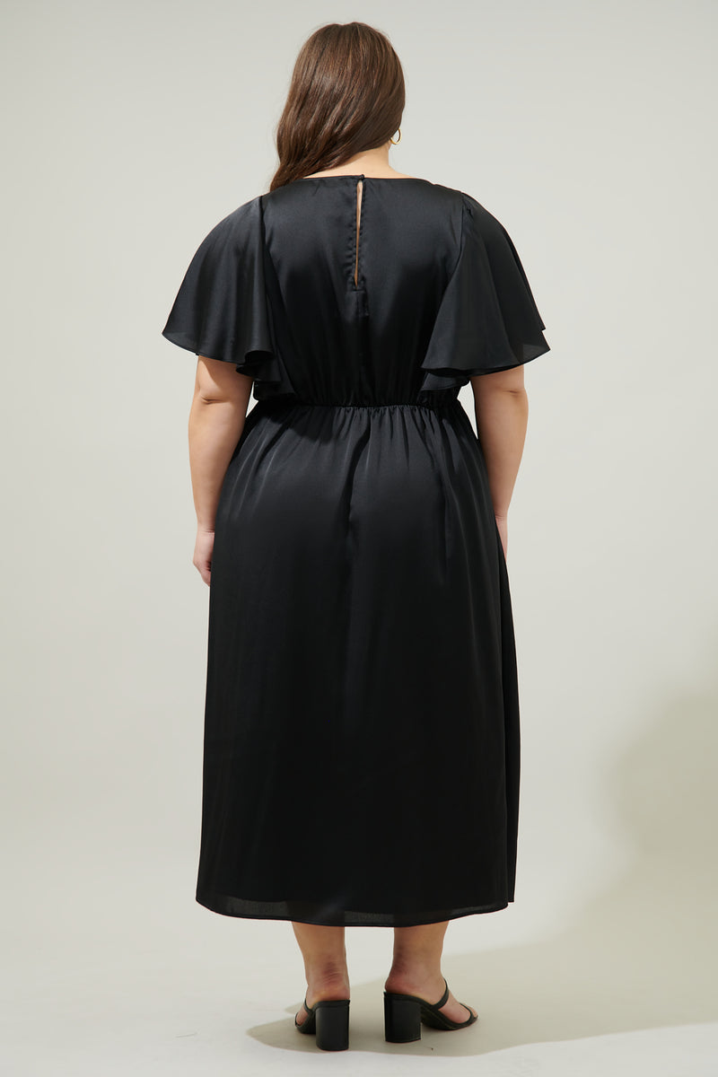 black satin midi dress plus size Chateau Satin Allegria Flutter Sleeve Midi Dress Curve – Sugarlips