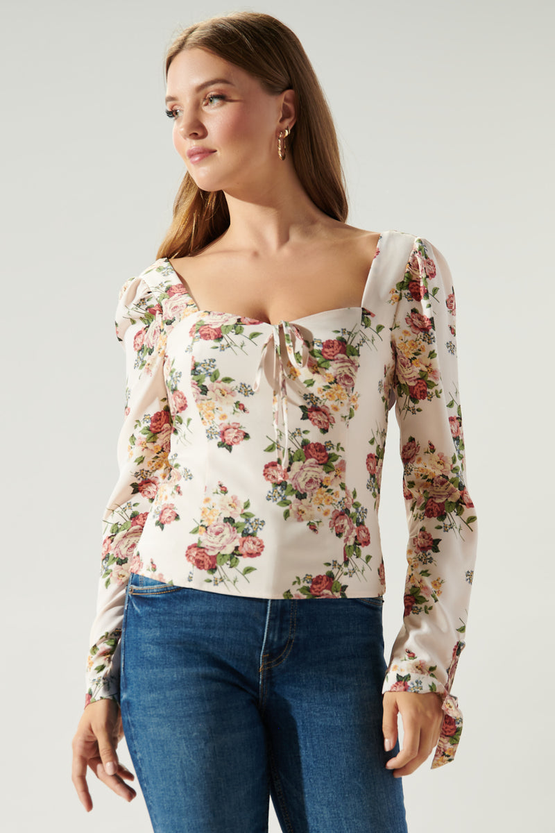 Reformation Top Elena newest Sweetheart-Neck Floral Ruffle-Sleeves Petunia 0 GUC