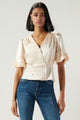 Afterthought Double Breasted Ruffle Sleeve Satin Blouse