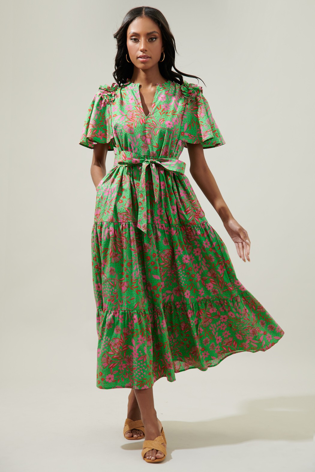 Jade Floral Escondido Tiered Shift Midi Dress KELLY-RED-PINK / L by Sugarlips Jade Floral Escondido Tiered Shift Midi Dress KELLY-RED-PINK / L by Sugarlips