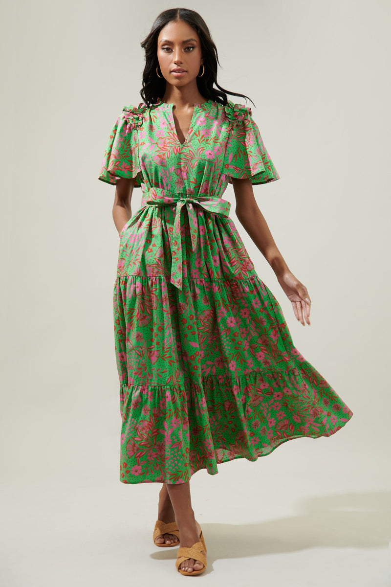 Jade Floral Escondido Tiered Shift Midi Dress – Sugarlips