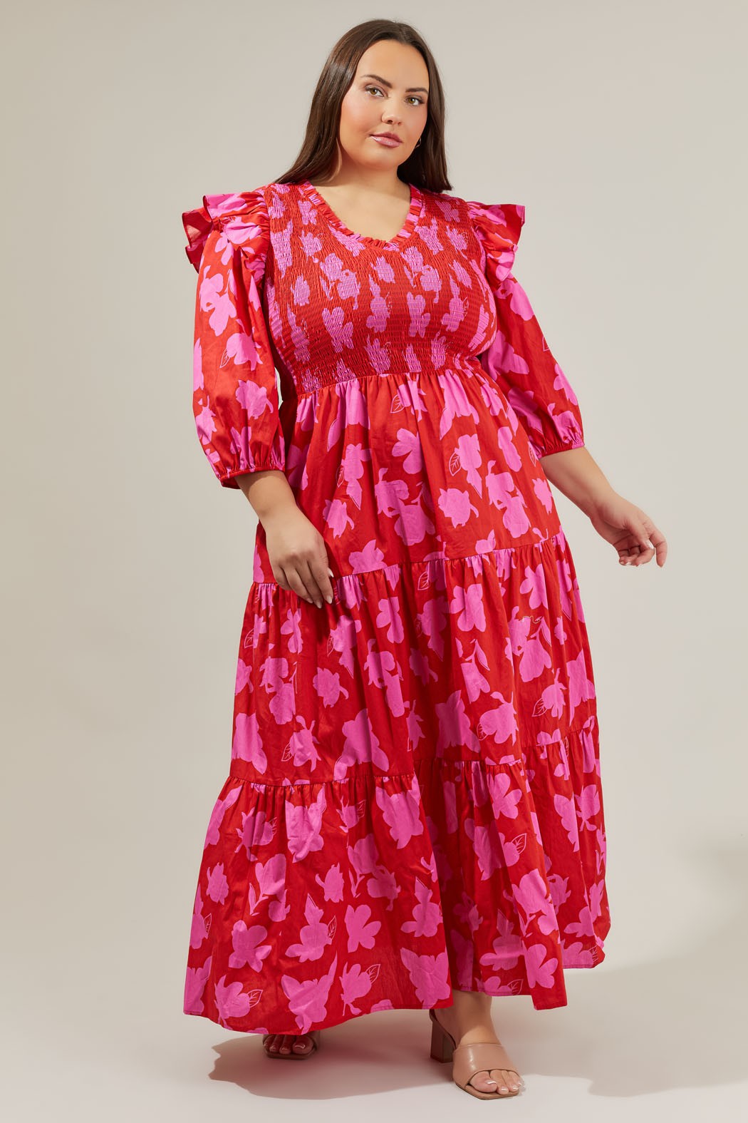 SUGARLIPS Women's Brighton Smocked Long Sleeve Maxi Dress - Red - Maxi dresses SUGARLIPS Women's Brighton Smocked Long Sleeve Maxi Dress - Red - Maxi dresses