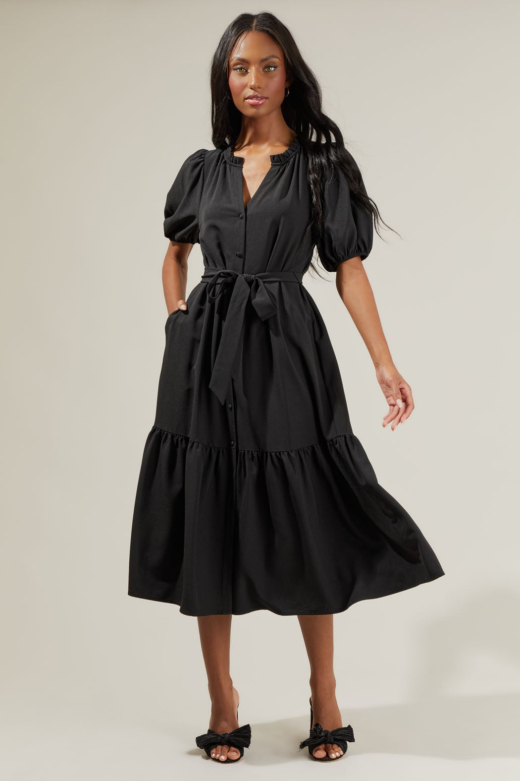 black button front midi dress Women's Monroe Button Front Midi Dress
