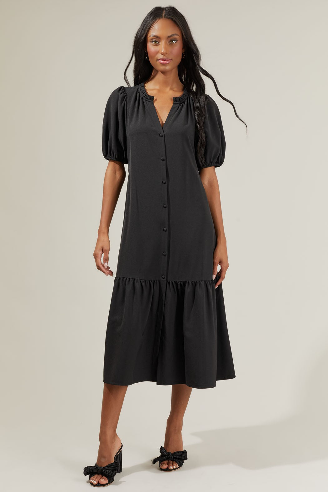 button front midi dress black Viviane black pleated button-front midi dress
