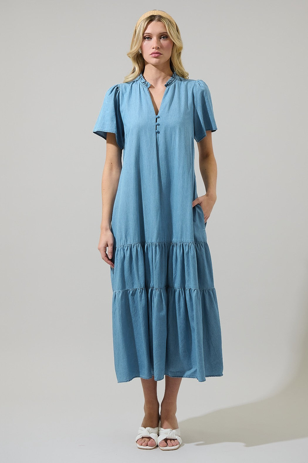 Skylah Chambray Britt Tiered Midi Dress LT-DENIM / S by Sugarlips Skylah Chambray Britt Tiered Midi Dress LT-DENIM / S by Sugarlips