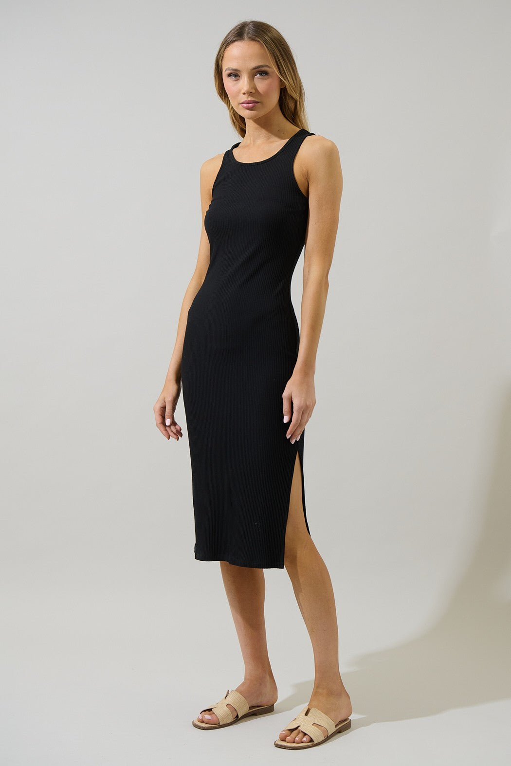 Lisbon Ribbed Knit Tank Midi Dress Black / S by Sugarlips Lisbon Ribbed Knit Tank Midi Dress Black / S by Sugarlips