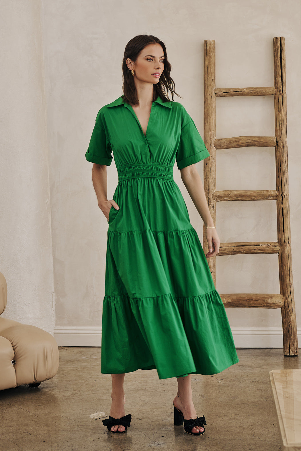 Milah Tiered Collared Maxi Dress Black / XL by Sugarlips Milah Tiered Collared Maxi Dress Black / XL by Sugarlips
