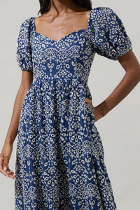 Viridiana Floral Eyelet Alessi Puff Sleeve Midi Dres