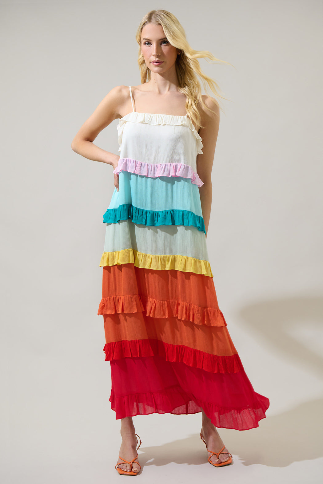 knee length dresses for ladies Rainbow Stripes Halter Maxi Dress by Peach Love main image 0