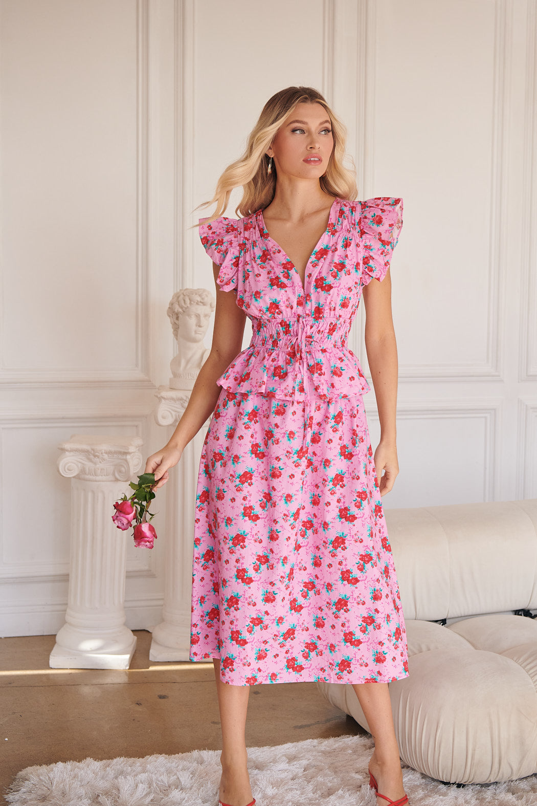 Berryglow Floral Smocked Midi Dress PINK-RED-MULTI / S by Sugarlips Berryglow Floral Smocked Midi Dress PINK-RED-MULTI / S by Sugarlips