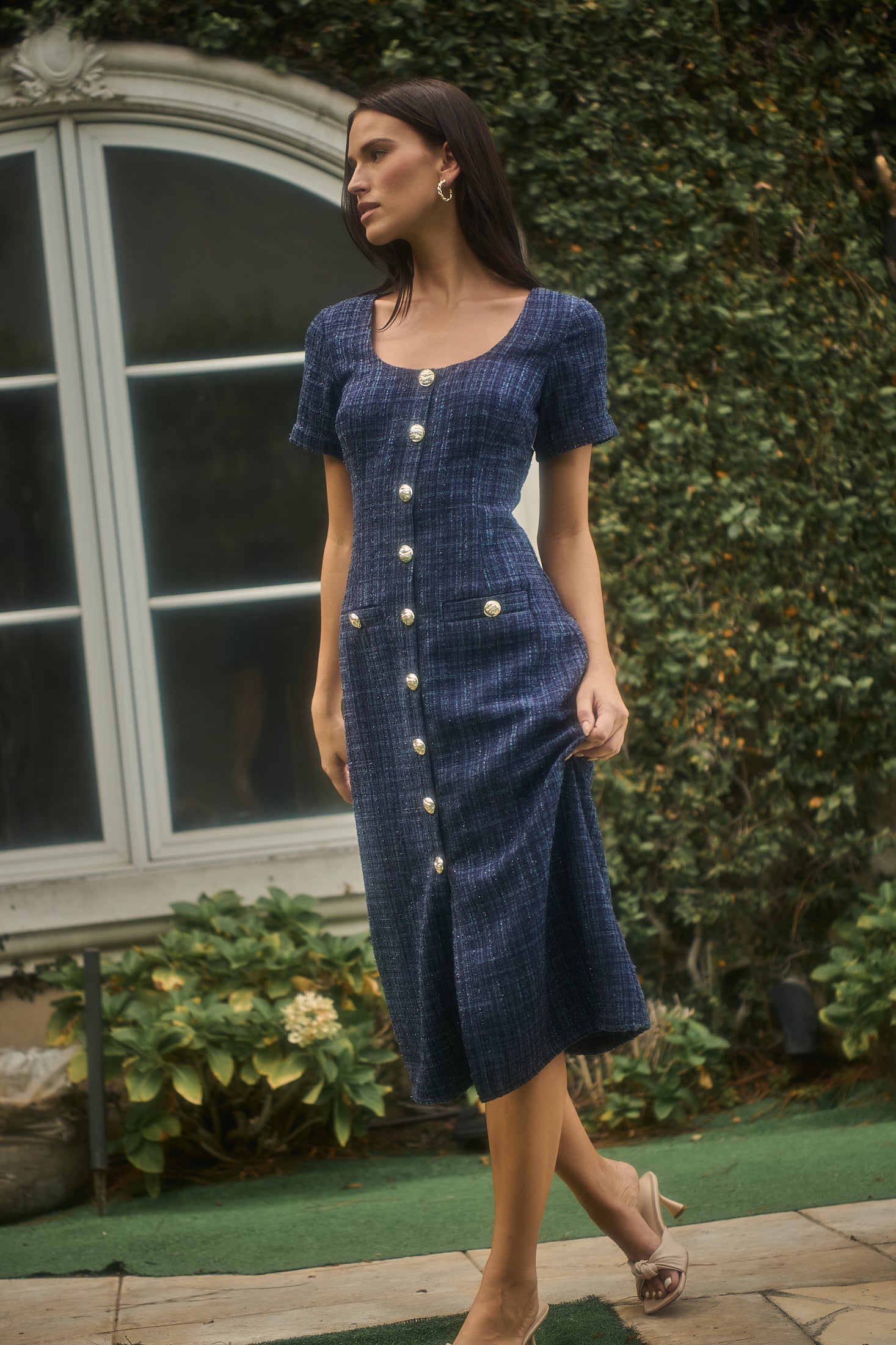 Adriella Tweed Hilaria Short Sleeve Midi Dress Navy / Xs by Sugarlips Adriella Tweed Hilaria Short Sleeve Midi Dress Navy / Xs by Sugarlips