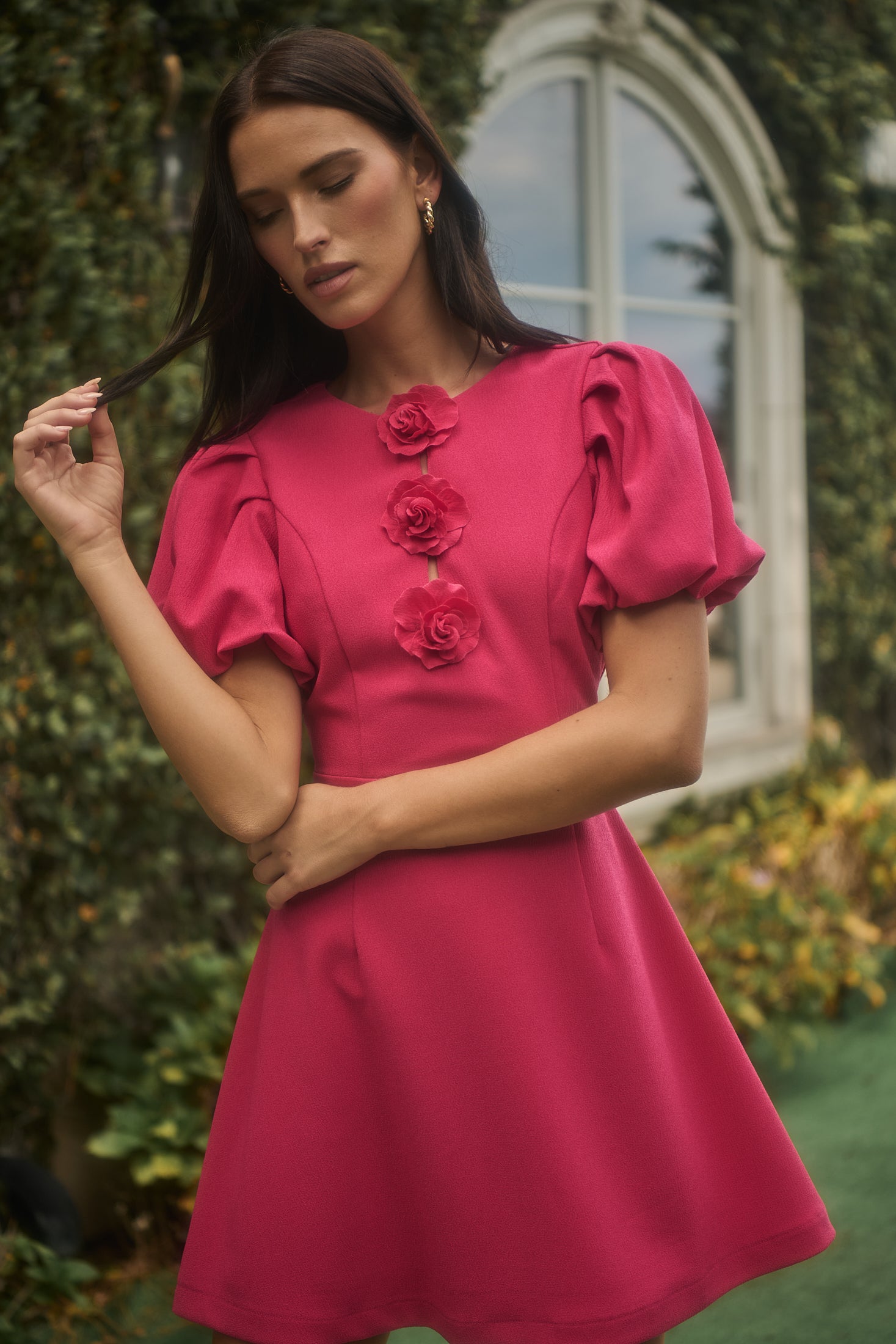 Zemira Rosette Bubble Sleeve Mini Dress Fuchsia / S by Sugarlips Zemira Rosette Bubble Sleeve Mini Dress Fuchsia / S by Sugarlips