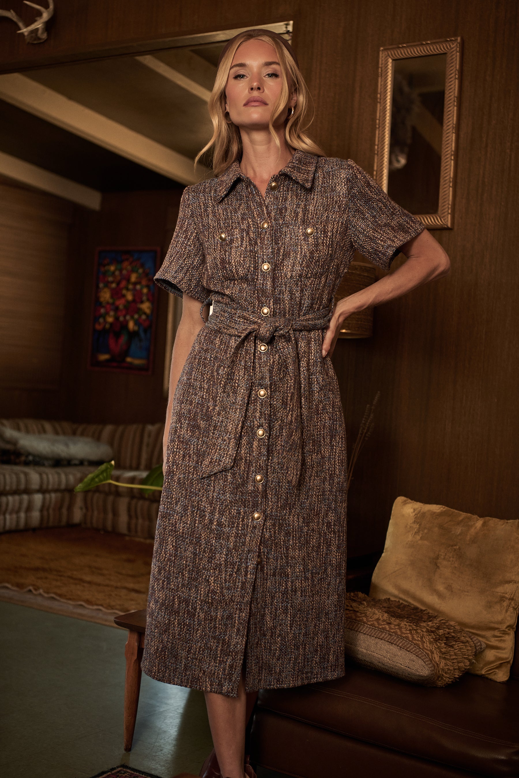 Serah Tweed Button Up Midi Dress BROWN-BLU / M by Sugarlips Serah Tweed Button Up Midi Dress BROWN-BLU / M by Sugarlips