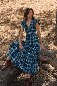 Buckley Plaid Sunfire Smocked Bodice Tiered Midi Dress